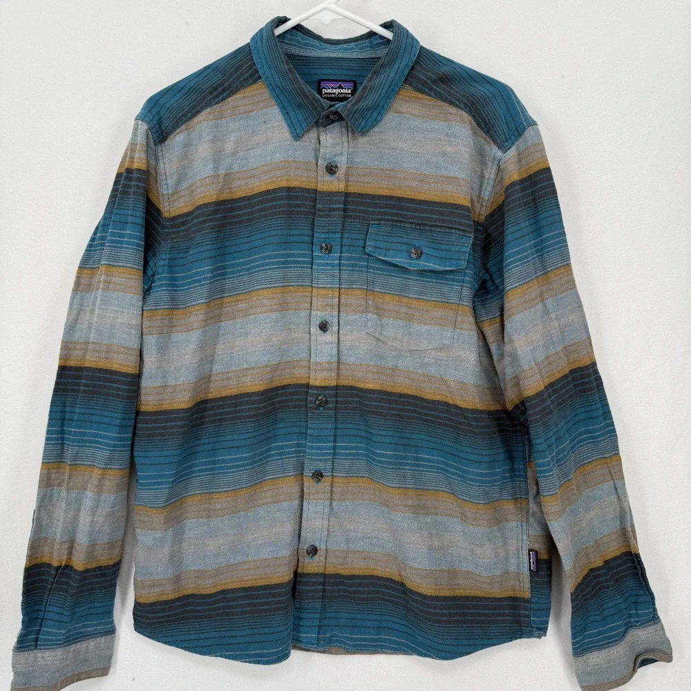 Patagonia Mens Fjord Flannel Shirt Blue Gray Stripe Organic Cotton STY54020 FA17